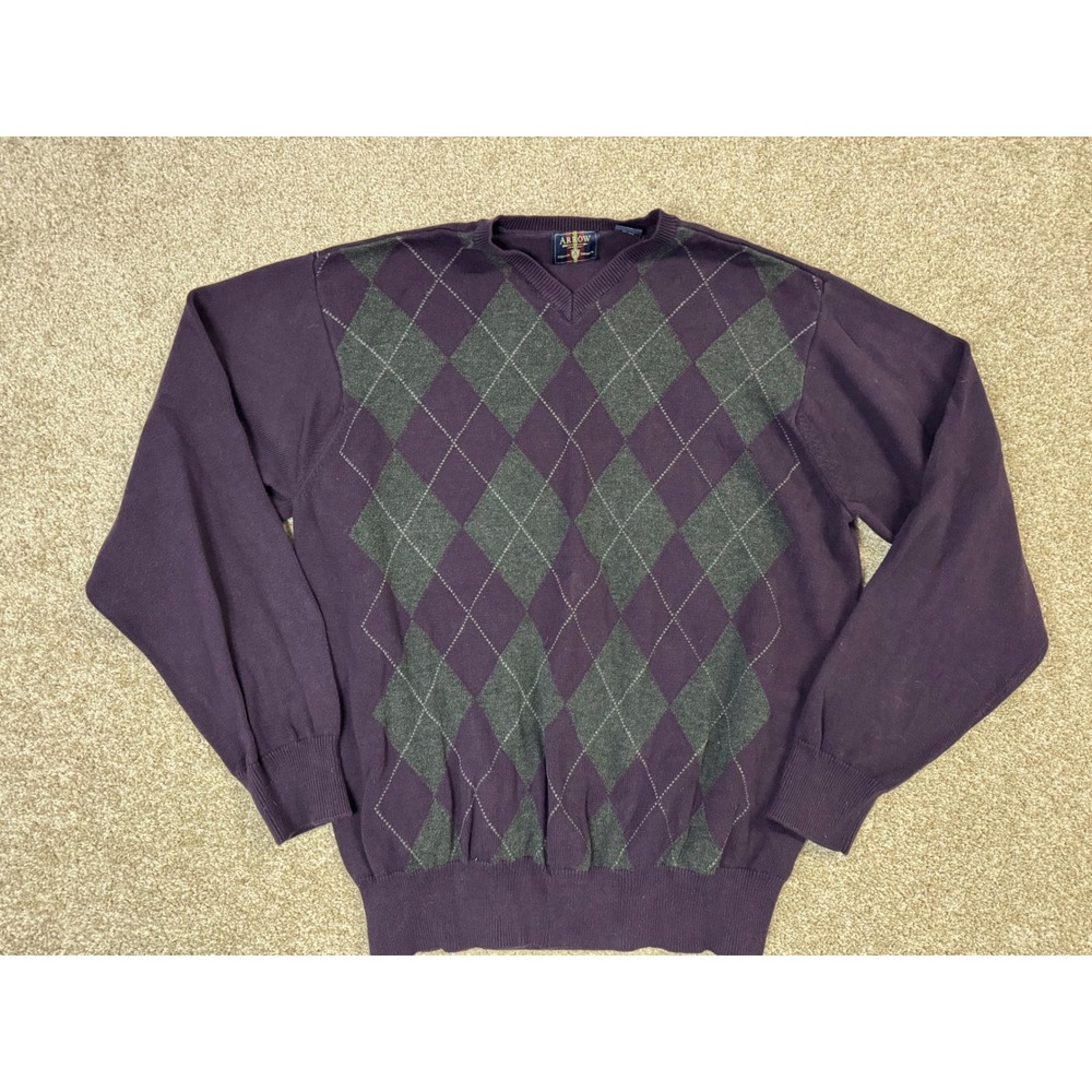 Arrow Mens V-Neck Argyle Sweater Purple Grey 100% Cotton Size L Preppy Knit